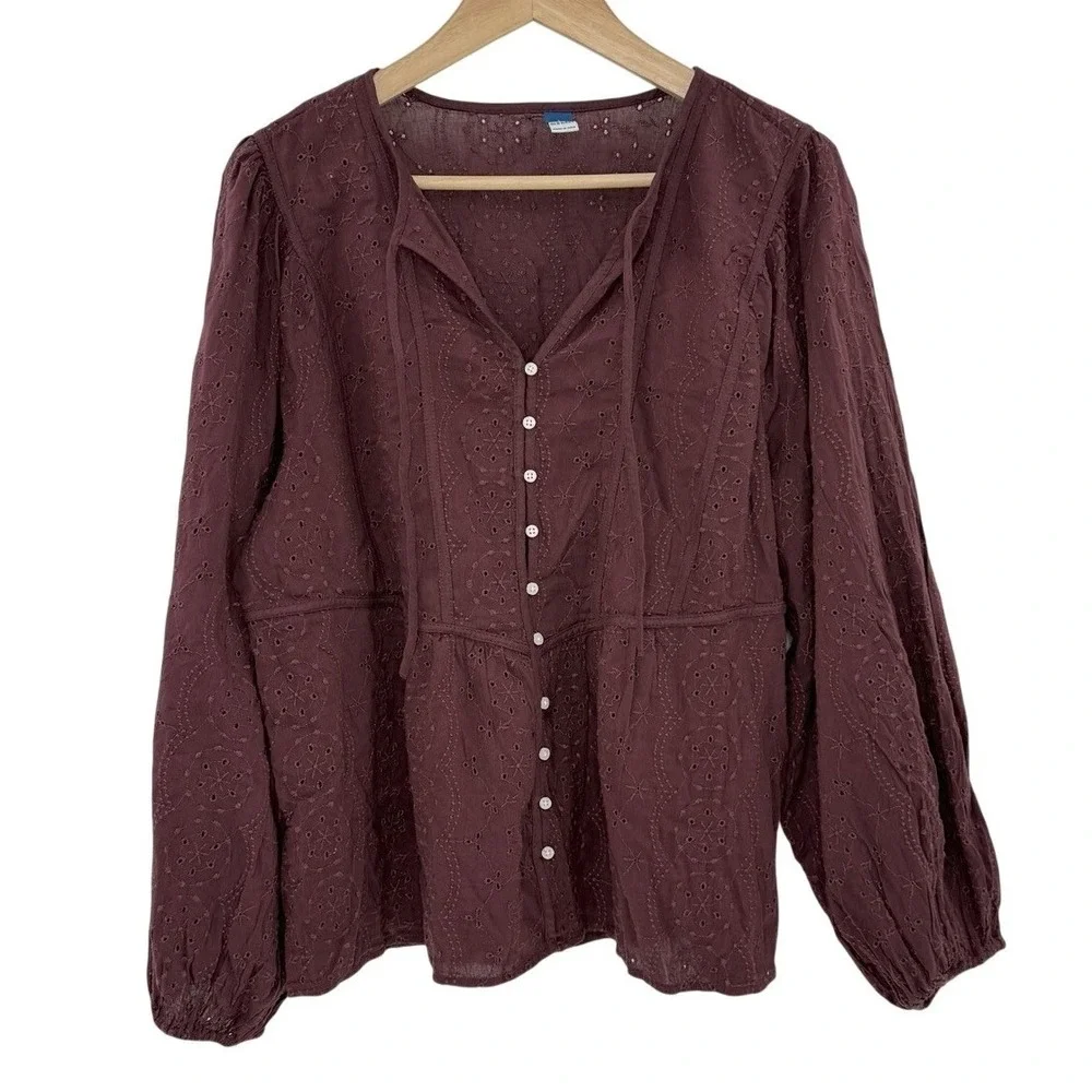 Old Navy Women's Maroon Eyelet Puff Sleeve Blouse XL‎ Boho Peasant Festival